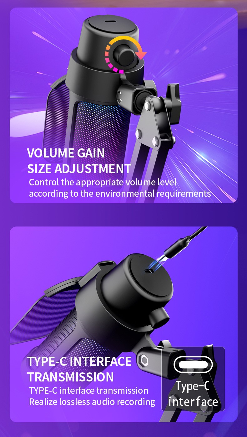 High-Quality USB/Type-C Cardioid Condenser Microphone with Adjustable Volume Gain, Touch Mute, and LED Light Modes - Compatible with PC, Mac, and 99% Live Streaming Software