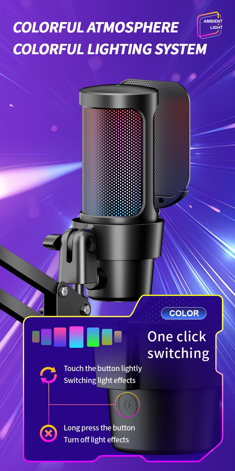 High-Quality USB/Type-C Cardioid Condenser Microphone with Adjustable Volume Gain, Touch Mute, and LED Light Modes - Compatible with PC, Mac, and 99% Live Streaming Software