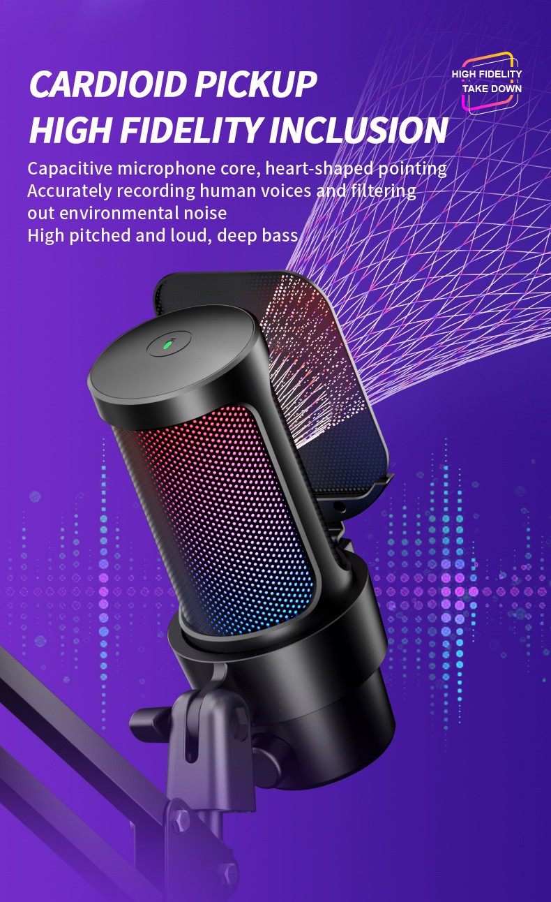 High-Quality USB/Type-C Cardioid Condenser Microphone with Adjustable Volume Gain, Touch Mute, and LED Light Modes - Compatible with PC, Mac, and 99% Live Streaming Software