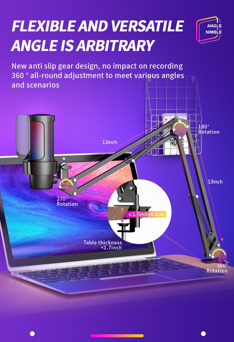High-Quality USB/Type-C Cardioid Condenser Microphone with Adjustable Volume Gain, Touch Mute, and LED Light Modes - Compatible with PC, Mac, and 99% Live Streaming Software
