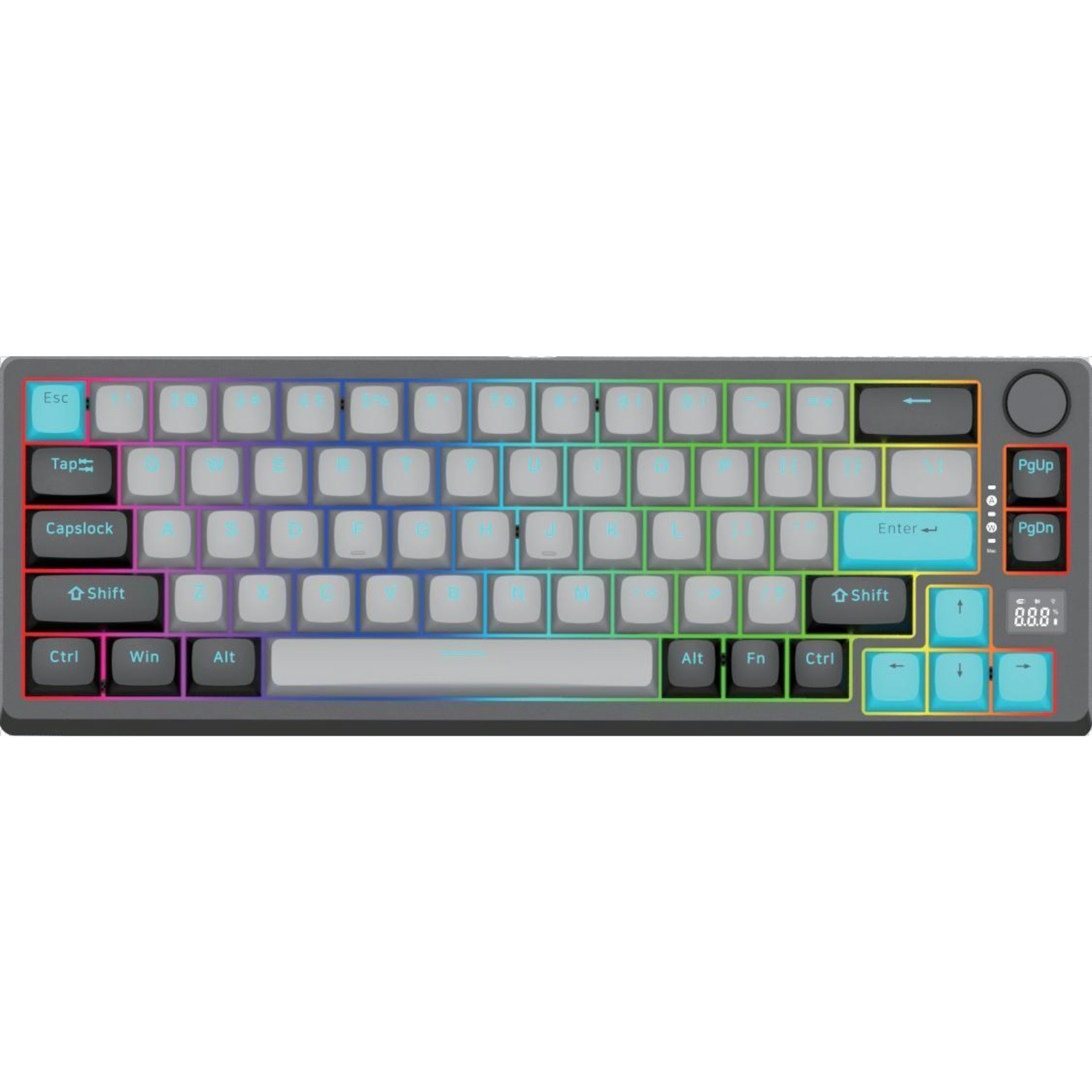 66 Keys RGB Mechanical Keyboard, Gateron + Gote Switch, BY916 Chip, Full-Key Conflict-Free, White Iron Panel, ABS Two-Color Injection Keycaps, 1800mAh Battery, Wired/Bluetooth/2.4G, Power Display Screen & Volume Knob, Compatible with Windows XP/7/8/10/VIS