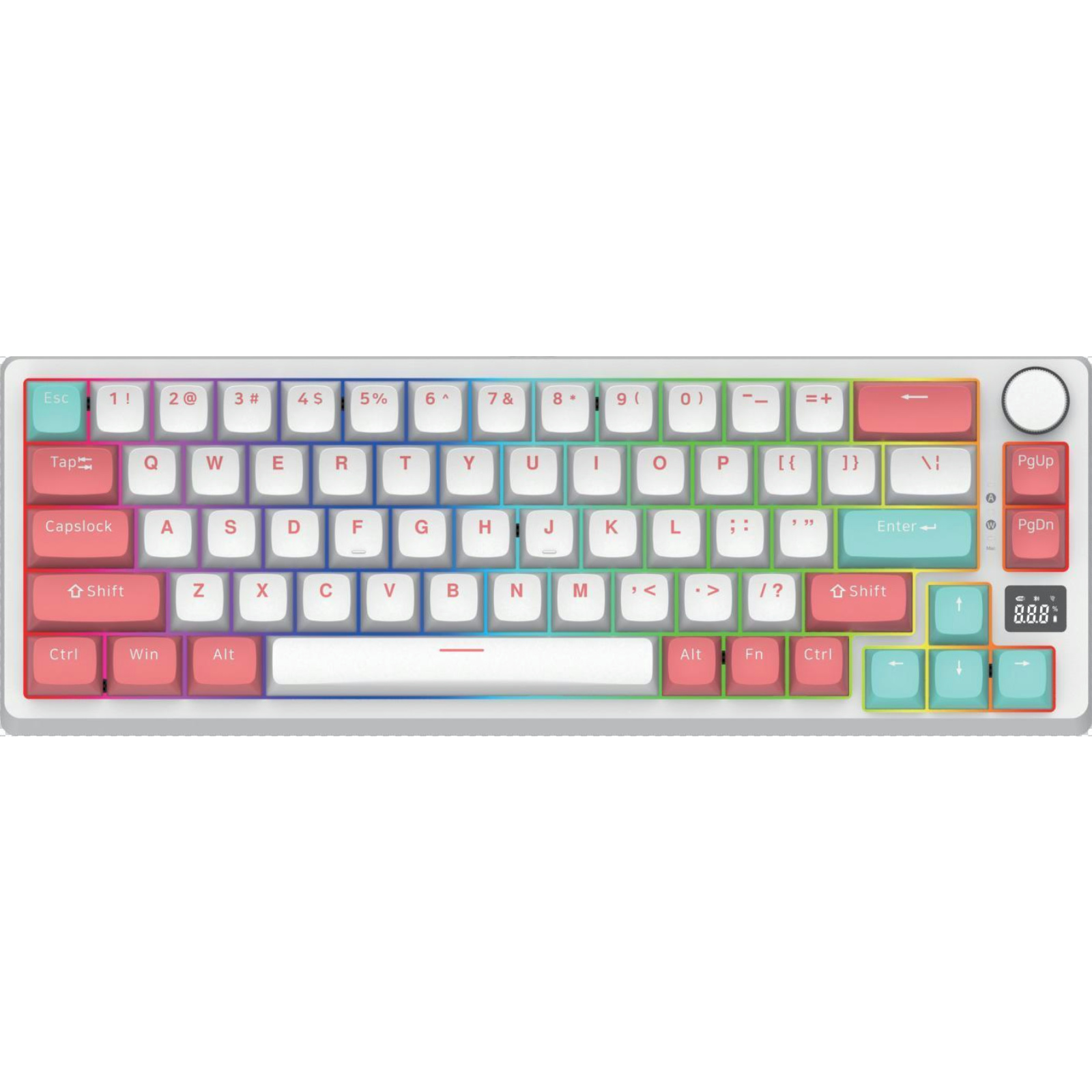 66 Keys RGB Mechanical Keyboard, Gateron + Gote Switch, BY916 Chip, Full-Key Conflict-Free, White Iron Panel, ABS Two-Color Injection Keycaps, 1800mAh Battery, Wired/Bluetooth/2.4G, Power Display Screen & Volume Knob, Compatible with Windows XP/7/8/10/VIS