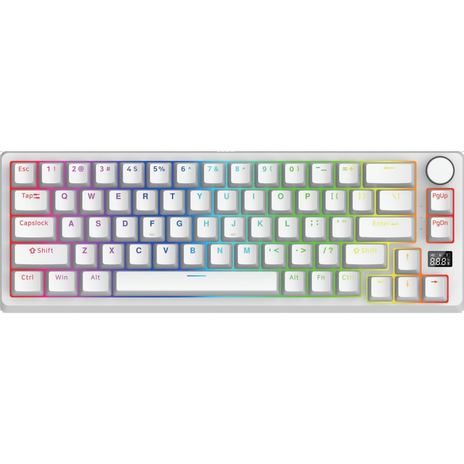 66 Keys RGB Mechanical Keyboard, Gateron + Gote Switch, BY916 Chip, Full-Key Conflict-Free, White Iron Panel, ABS Two-Color Injection Keycaps, 1800mAh Battery, Wired/Bluetooth/2.4G, Power Display Screen & Volume Knob, Compatible with Windows XP/7/8/10/VIS